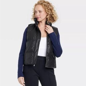Women's Faux Leather Puffer Vest - A New Day Black M